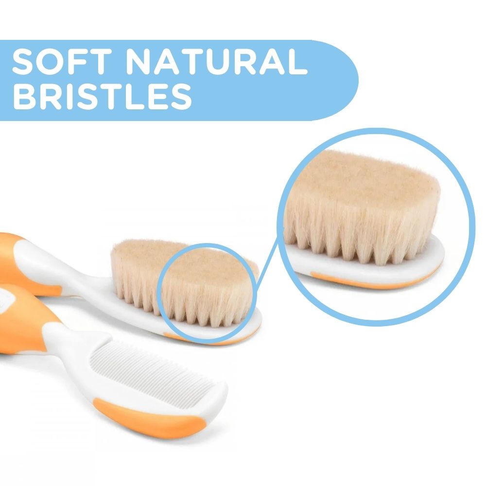 Chicco Baby Brush And Comb Set - Pink Color With Soft Natural Bristles & Rounded Tips